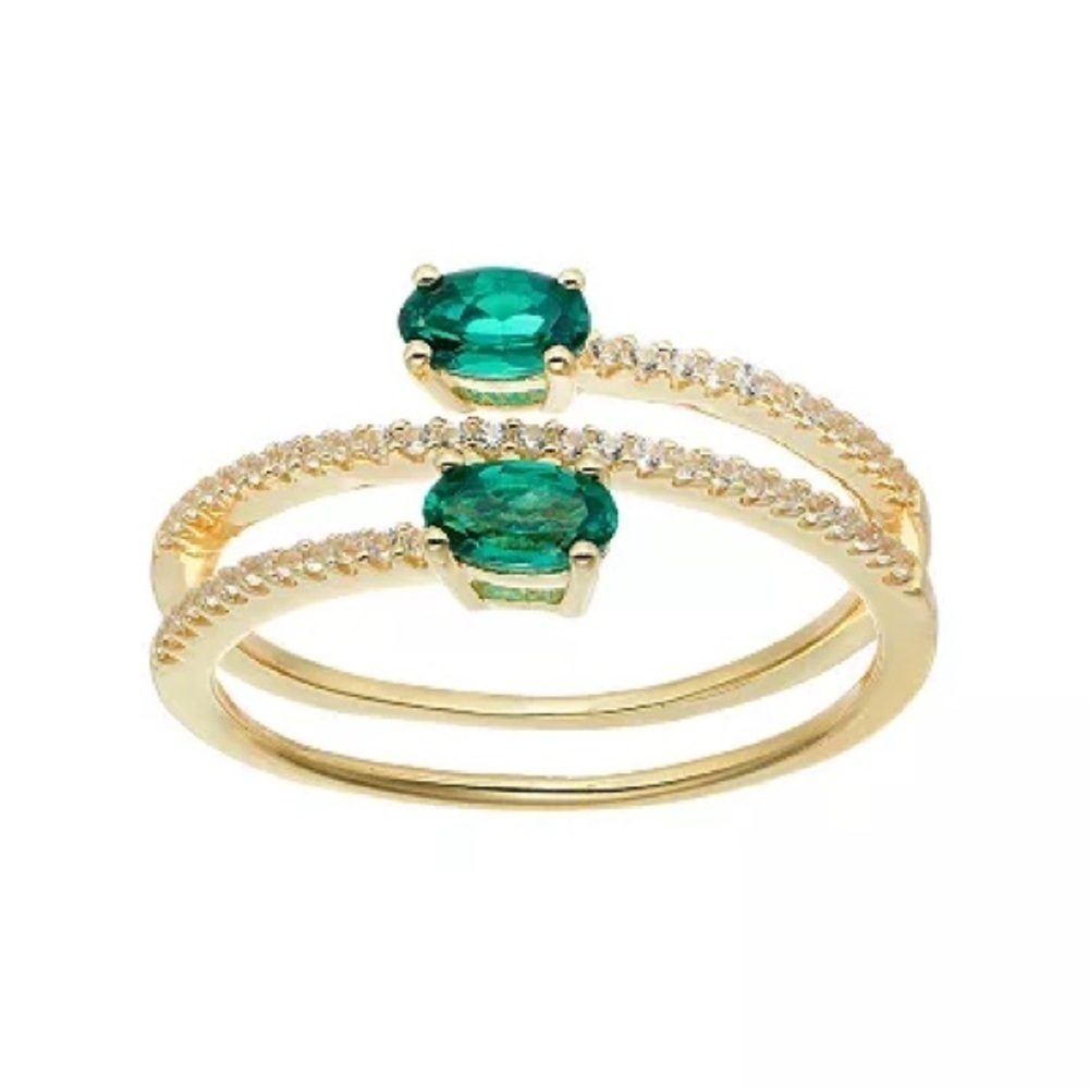 14K Gold Over Silver Lab-Created Emerald & White Sapphire Bypass Ring
